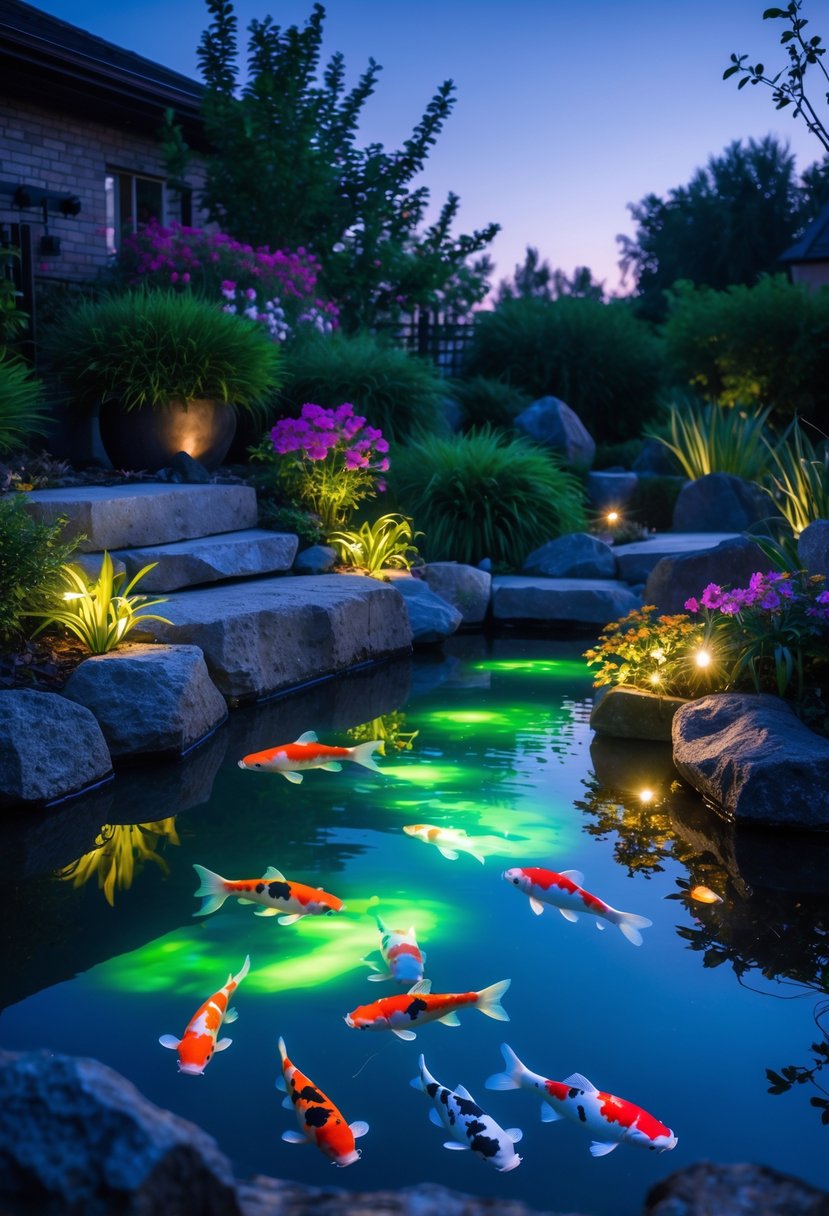 A garden koi pond at dusk with underwater LED lights illuminating colorful koi fish swimming beneath the water surrounded by plants and rocks.