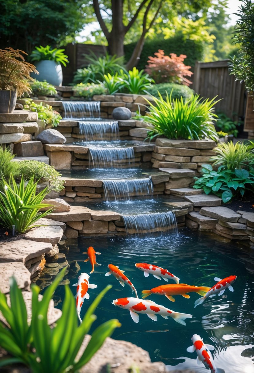 A multi-tiered garden koi pond with clear water, colorful koi fish, natural stone edges, and surrounding green plants in an outdoor garden.