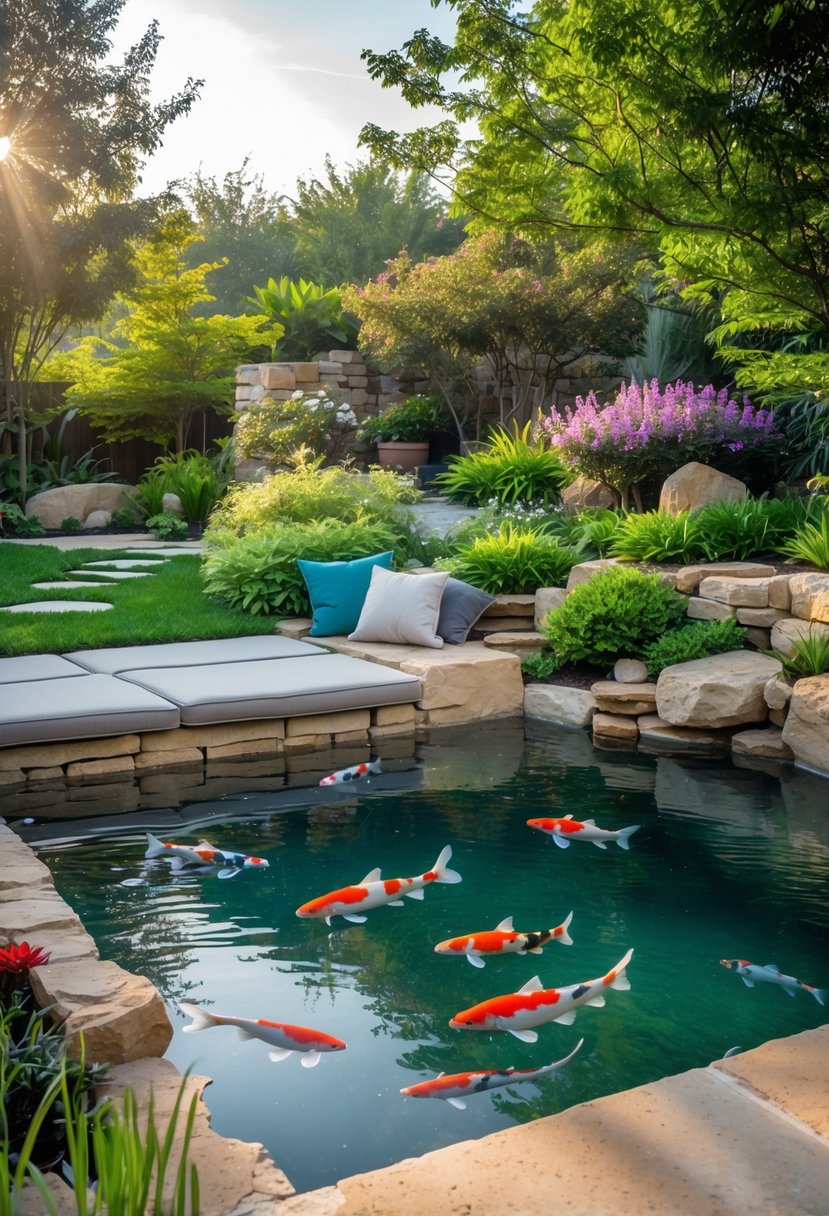 A garden with a built-in stone seating area next to a clear koi pond filled with colorful fish, surrounded by plants and trees.