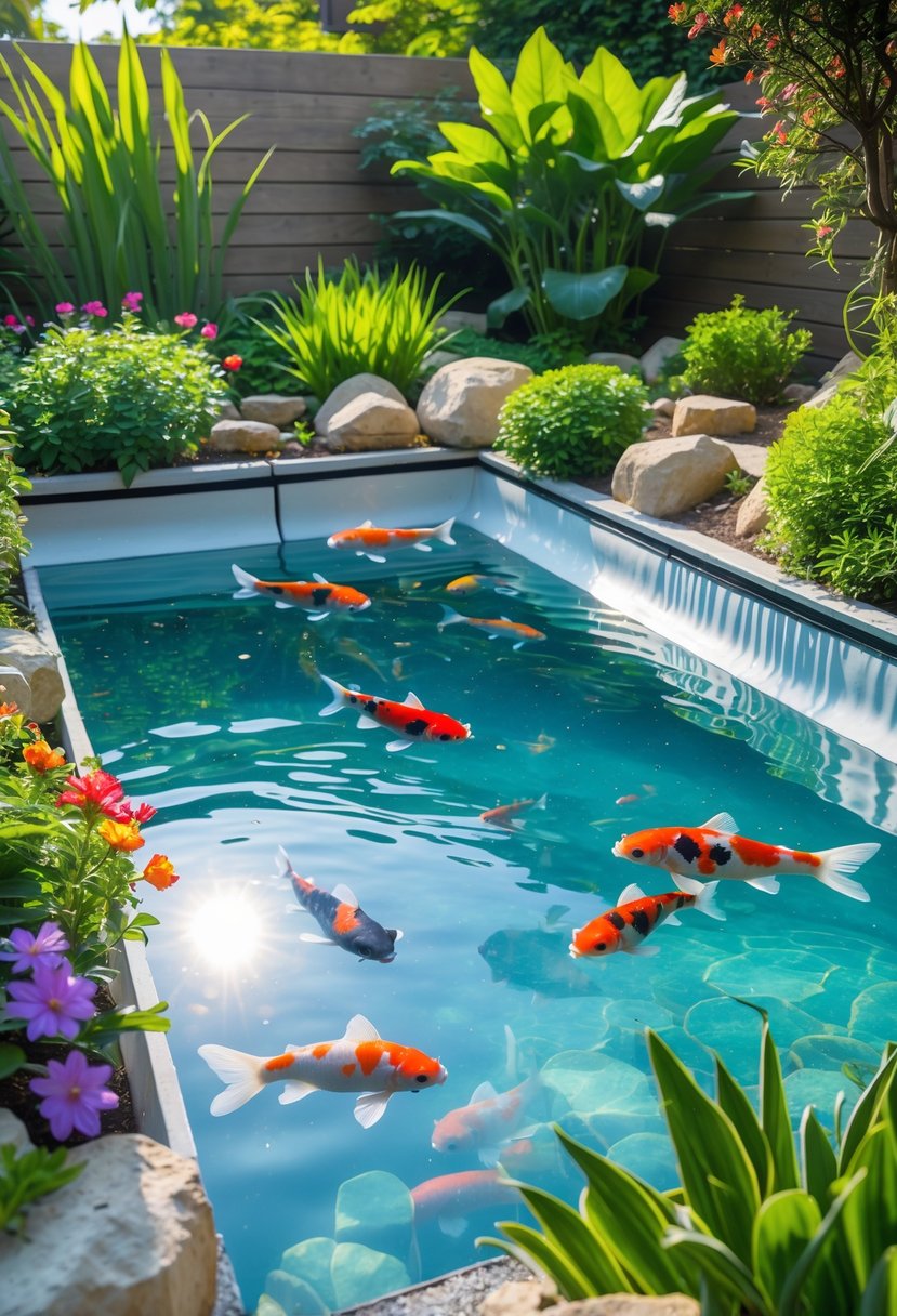 A clear garden koi pond with colorful fish swimming, surrounded by green plants, flowers, and natural stones.
