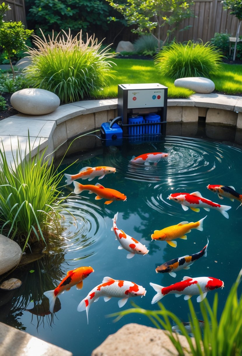 A peaceful garden with a clear koi pond, colorful koi fish swimming, surrounded by plants and stones, featuring a discreet filtration system.