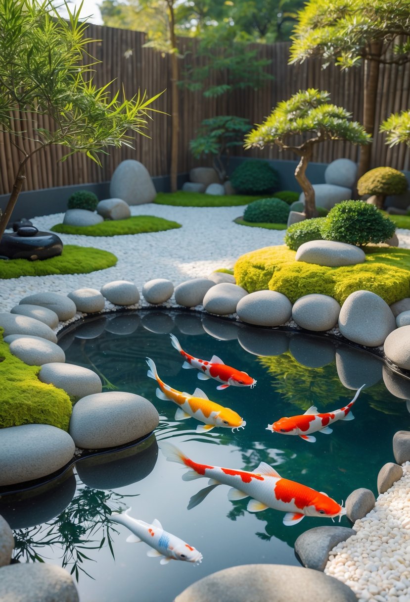 A peaceful Zen garden with a koi pond, colorful fish swimming in clear water, surrounded by stones, moss, bamboo, and bonsai trees.