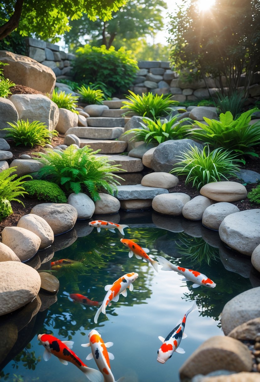 A peaceful garden with a koi pond surrounded by rocks and green plants, with colorful fish swimming in clear water.