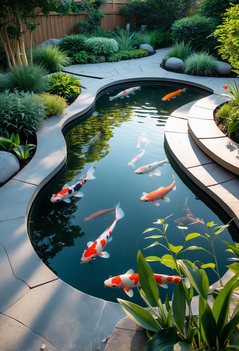A garden koi pond with curved edges surrounded by plants and stones, with colorful koi fish swimming in clear water.