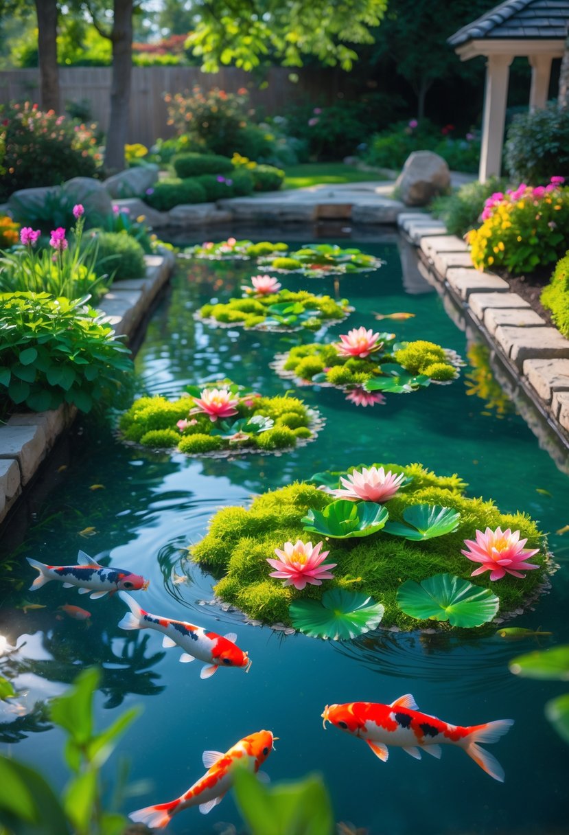 A clear garden koi pond with floating plant islands and colorful koi fish swimming beneath them.