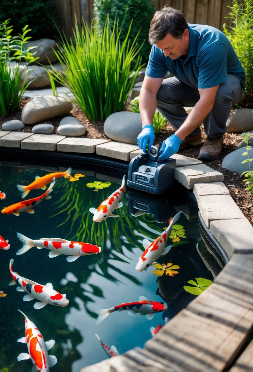 Person installing an automatic feeder system next to a garden koi pond with colorful fish and surrounding greenery.