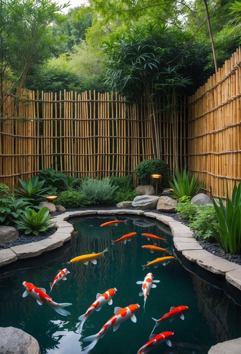 A peaceful garden koi pond surrounded by bamboo fencing and lush plants, with colorful koi fish swimming in clear water.