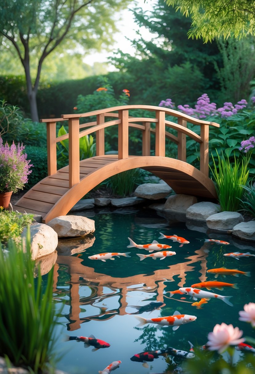 A wooden bridge over a clear koi pond with colorful fish swimming, surrounded by green plants and flowers in a garden.