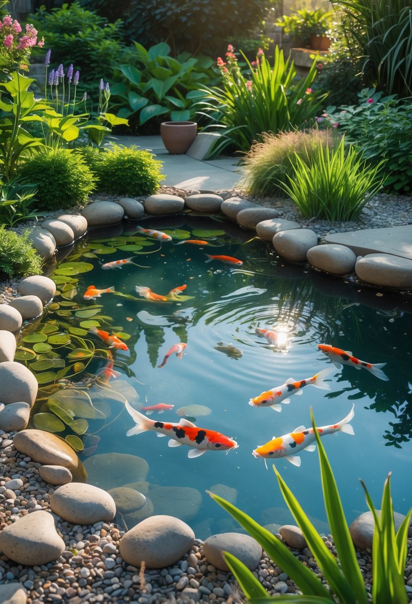 A garden koi pond with clear water, colorful koi fish, and a shallow wading area for birds surrounded by plants and stones.