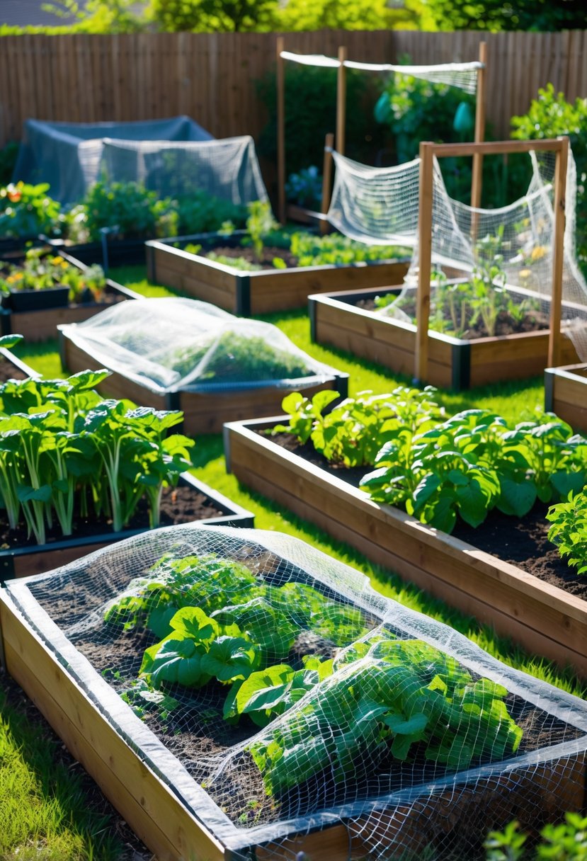 Several raised garden beds with different types of protective netting covering healthy vegetable plants in a sunny outdoor garden.