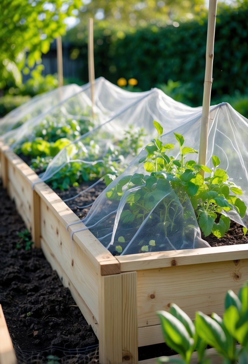 A wooden raised garden bed covered with bird netting protecting green plants growing inside.