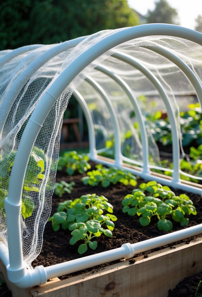 Raised garden bed with a white PVC pipe hoop frame covered by mesh netting protecting young plants.