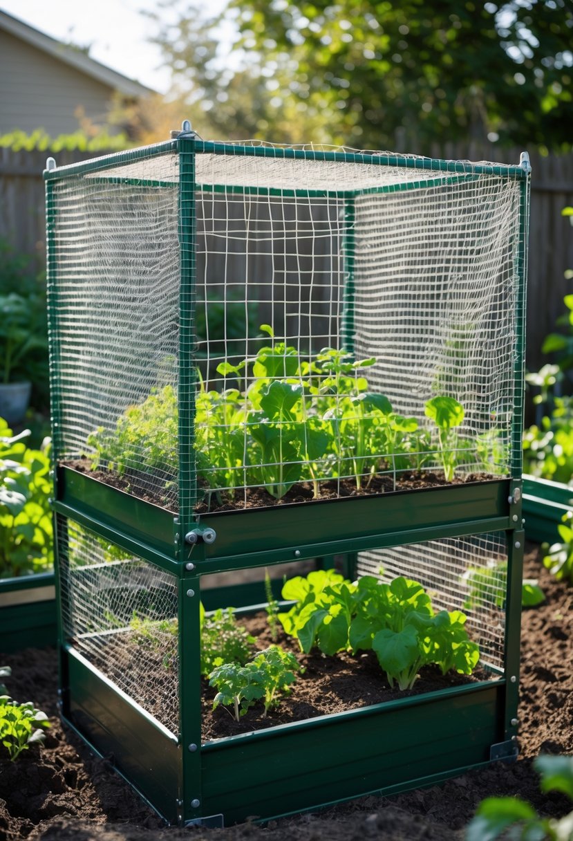 Metal cage enclosure with fine wire mesh covering raised garden beds filled with green plants in a backyard garden.