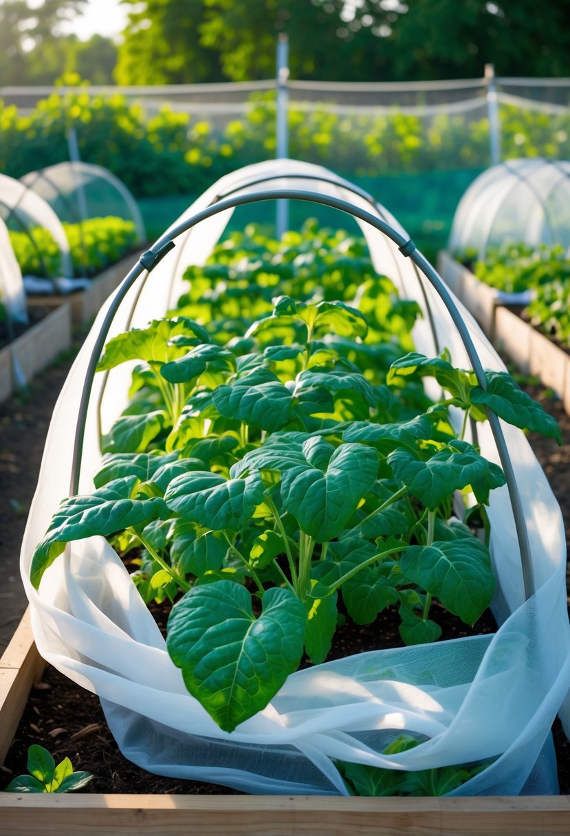 Raised garden bed with green plants covered by translucent floating row covers supported by low hoops outdoors.
