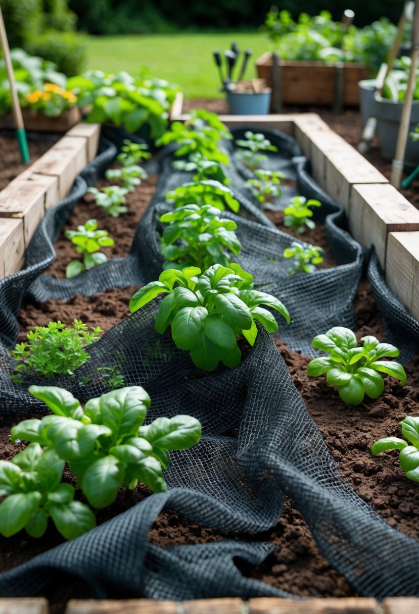Raised garden bed with geotextile weedmat netting and young plants growing through it.