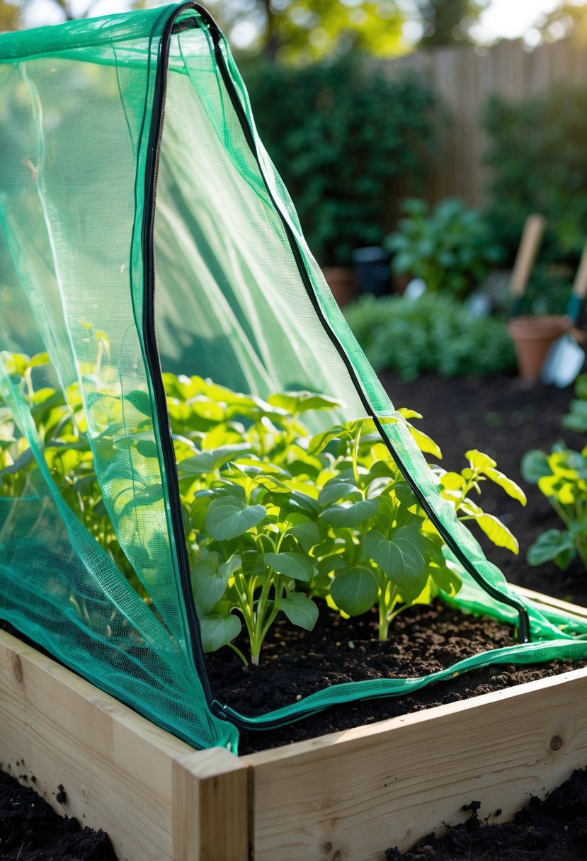 Raised garden bed covered with removable mesh netting featuring a zippered opening, protecting green plants in a sunny outdoor garden.