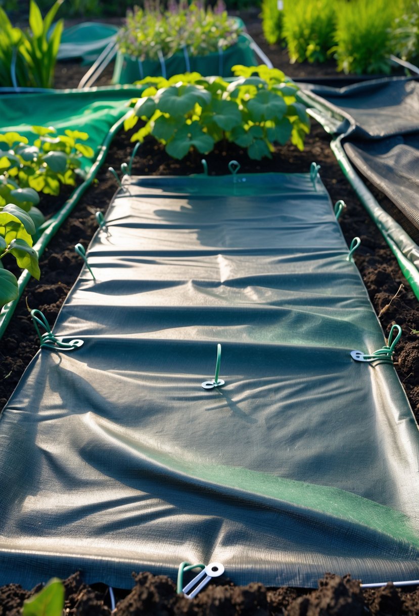 Raised garden bed covered with garden fabric secured by soil staples, surrounded by different types of garden netting in an outdoor garden.