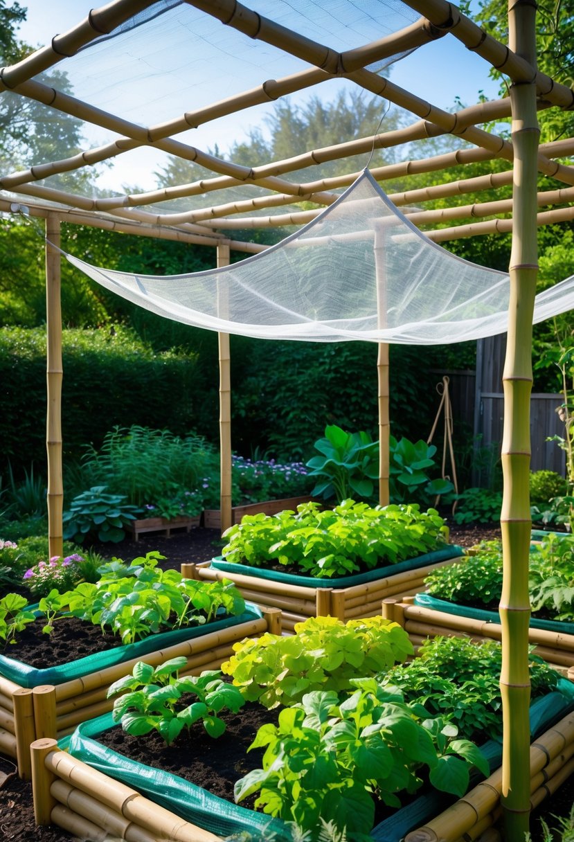 Overhead bamboo canopy with garden netting covering raised garden beds filled with green plants in a backyard garden.