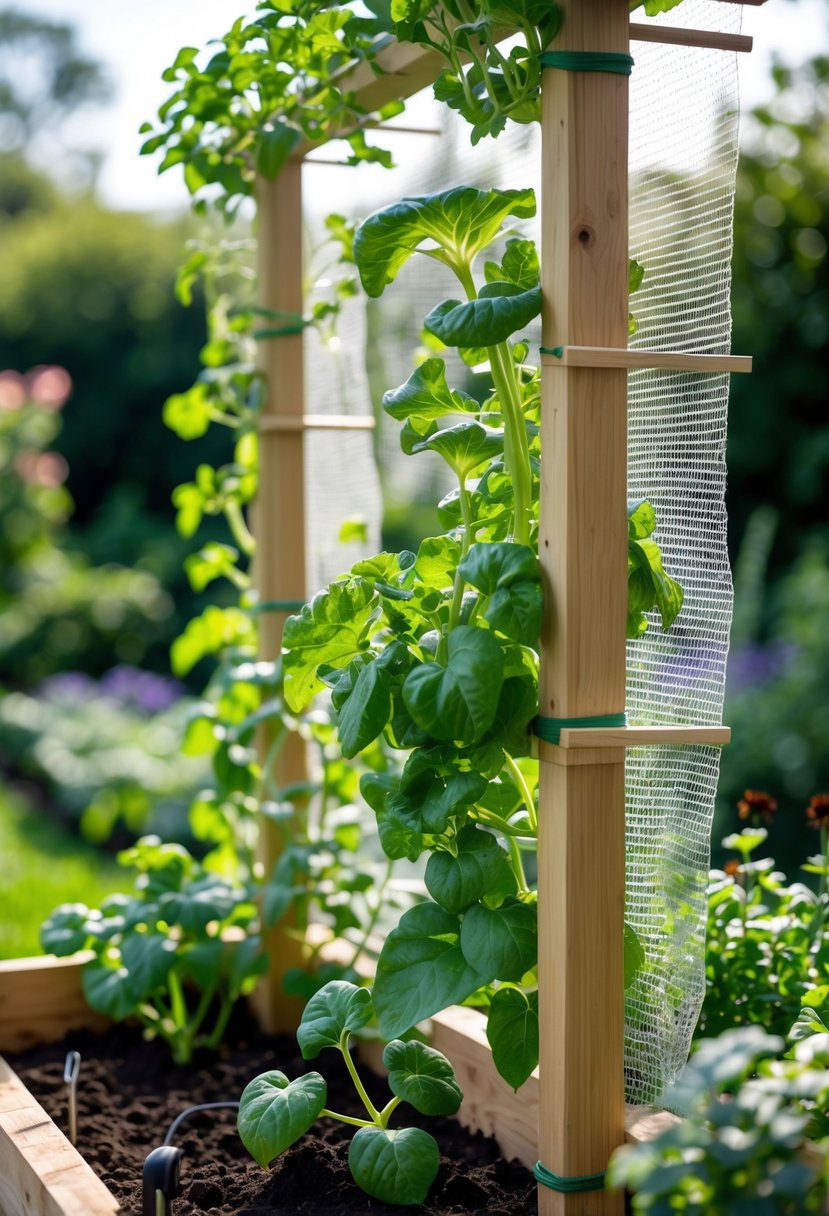 Vertical wooden trellis with integrated netting supporting climbing plants in a raised garden bed outdoors.