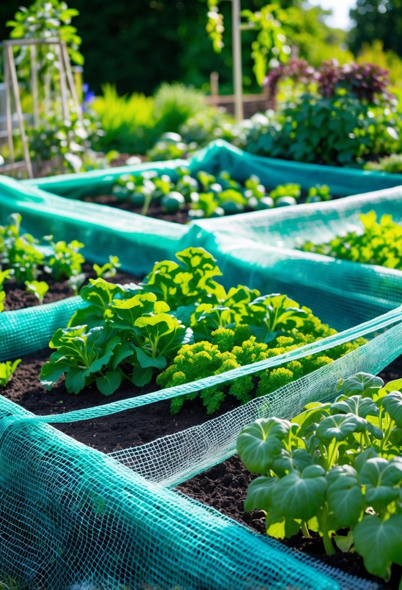 Raised garden beds covered with plastic mesh netting protecting green plants in a sunny garden.