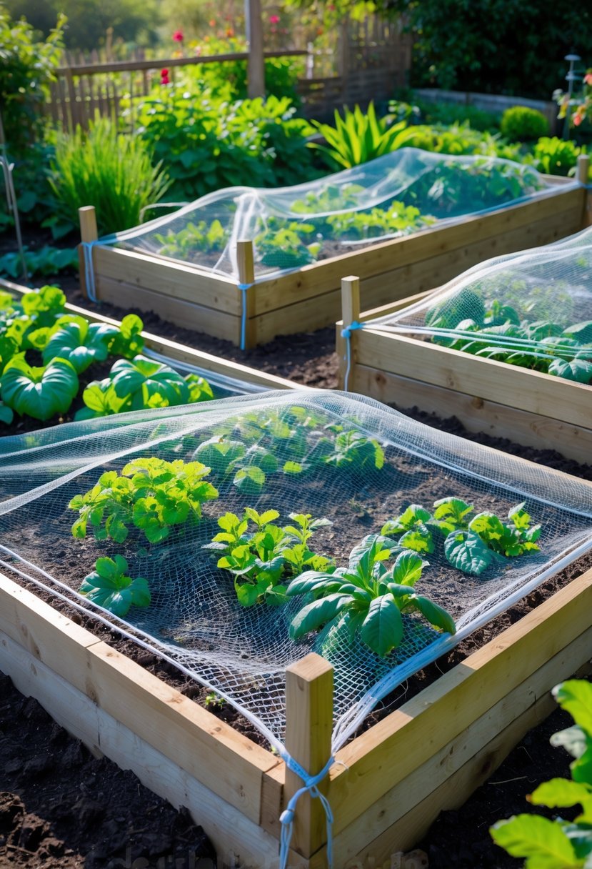 Raised garden beds covered with bird netting held up by wooden stakes, protecting green plants.