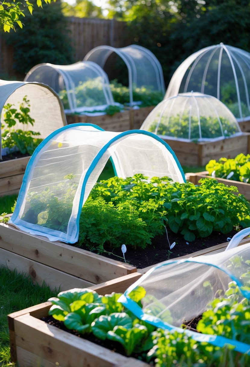 Raised garden beds with various foldable netting frames protecting growing vegetables and herbs in a sunny backyard garden.