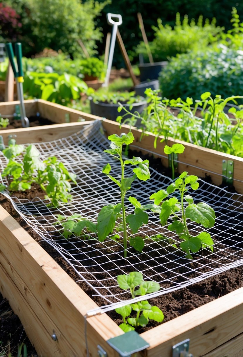 Raised garden bed with wire mesh panels attached to its edges and young plants growing inside outdoors.
