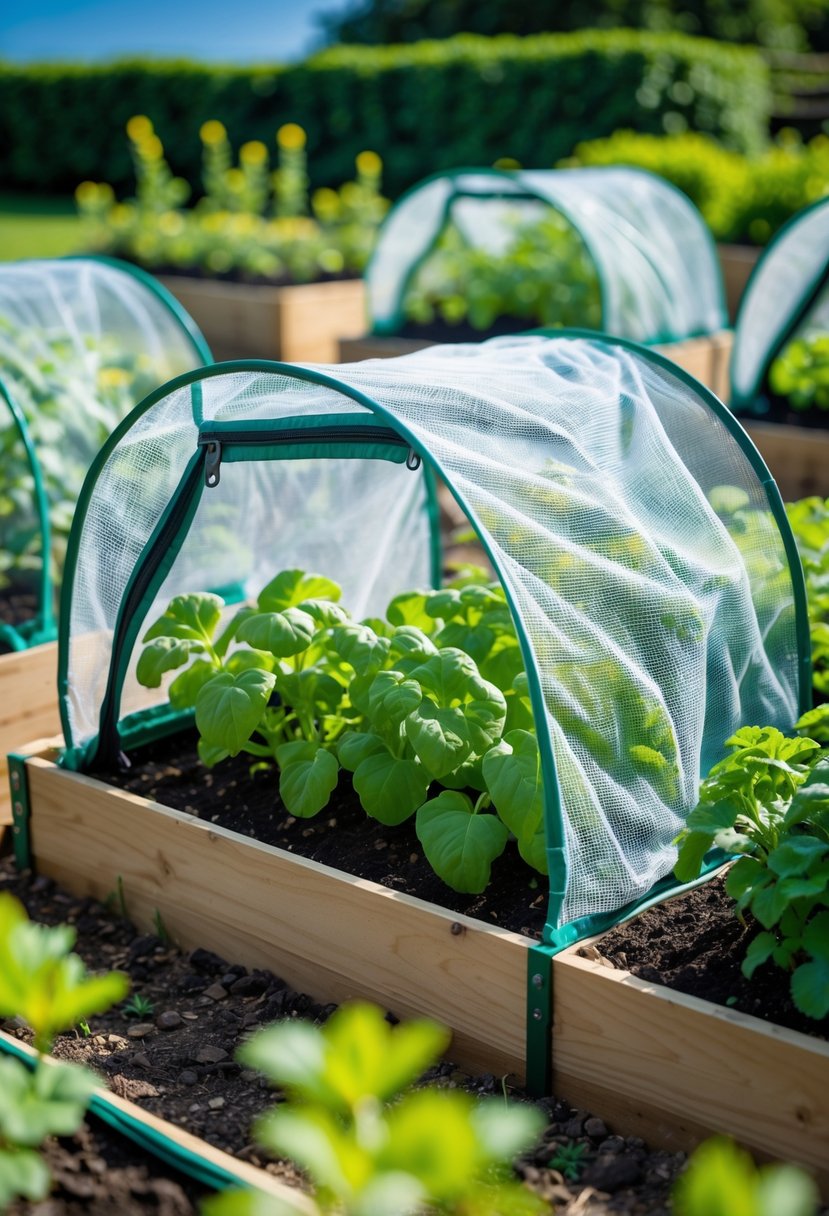 Raised garden beds covered with mesh tunnel netting featuring a zipper entry, protecting green plants inside.