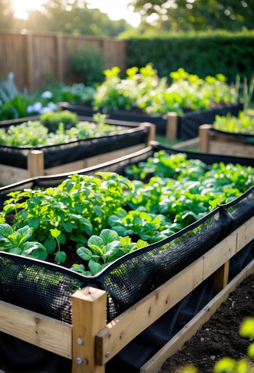 Raised garden beds covered with heavy-duty nylon netting with reinforced edges protecting green plants outdoors.