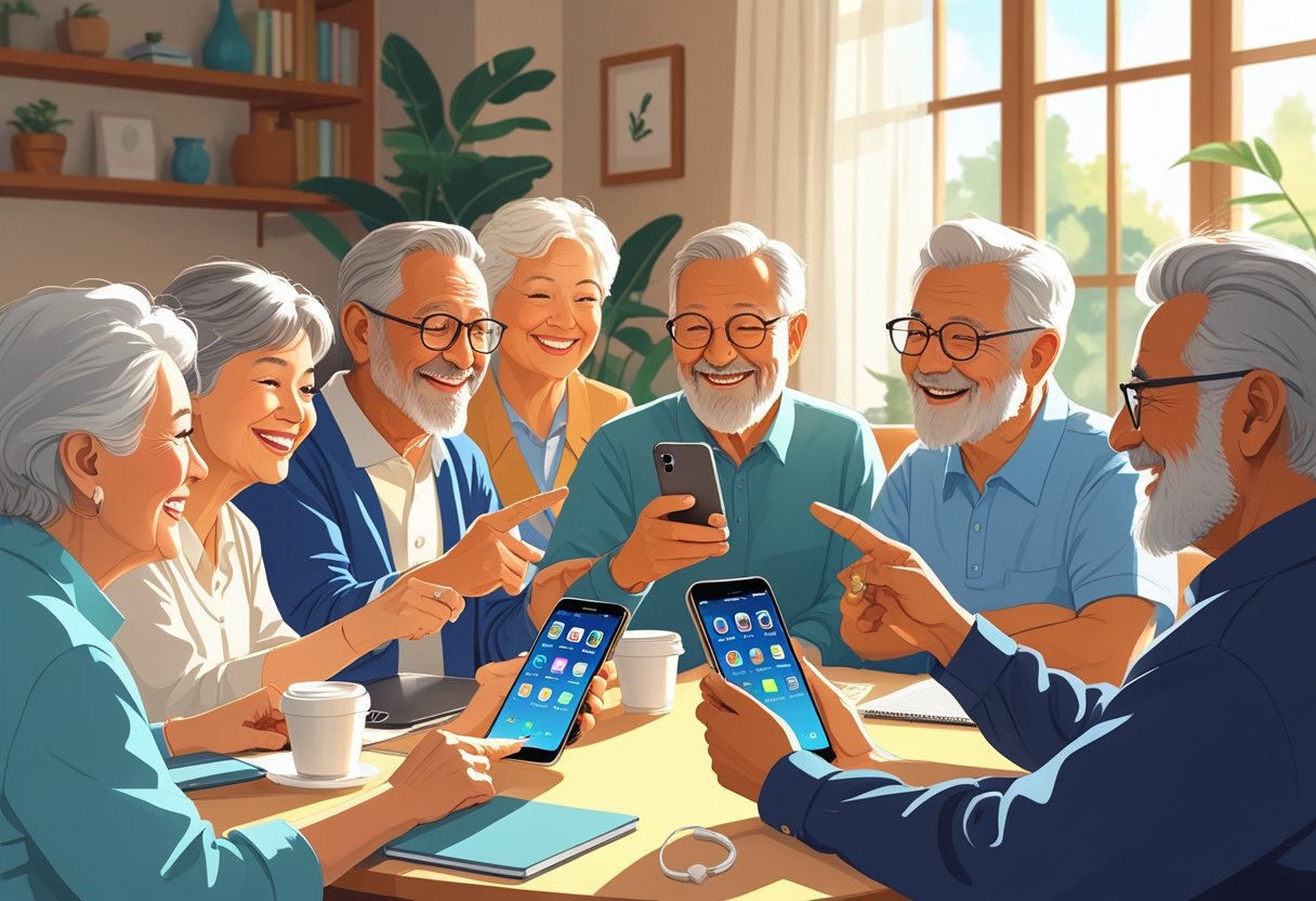 Grupo de pessoas acima de 50 anos reunidas em uma sala aconchegante, aprendendo a usar um smartphone juntas.