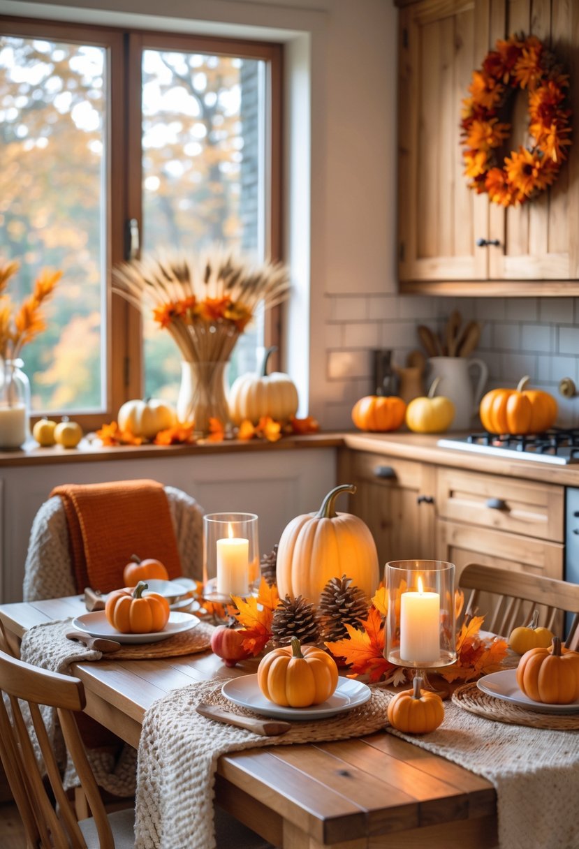 22 Cozy Kitchen Fall Decorations To Create A Warm Seasonal Atmosphere 2 A kitchen decorated with pumpkins, fall leaves, candles, and autumn-themed items on the table and counters.