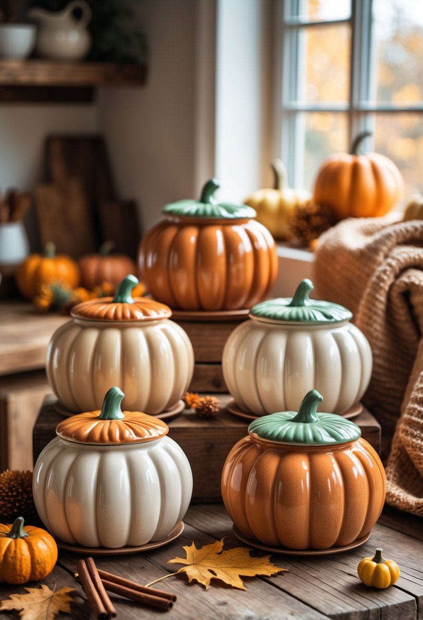 22 Cozy Kitchen Fall Decorations To Create A Warm Seasonal Atmosphere 3 Pumpkin-shaped ceramic canisters on a wooden kitchen counter surrounded by autumn leaves and fall decorations.