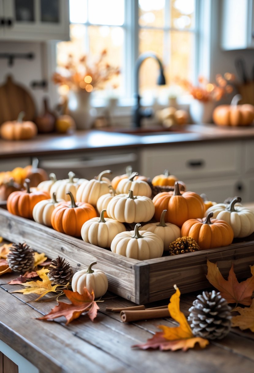 22 Cozy Kitchen Fall Decorations To Create A Warm Seasonal Atmosphere 4 A rustic wooden tray on a kitchen table holding mini pumpkins and autumn decorations.