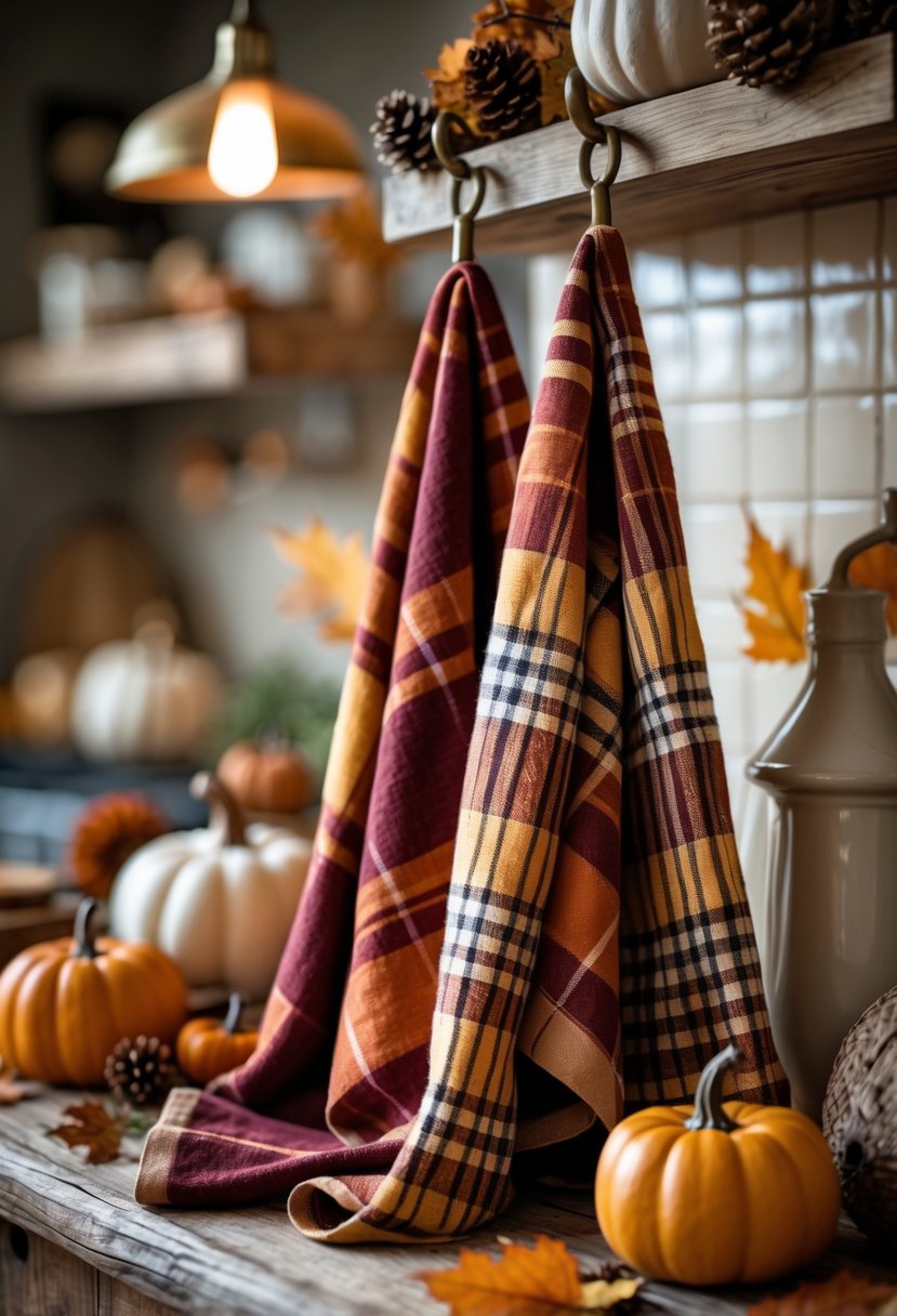 22 Cozy Kitchen Fall Decorations To Create A Warm Seasonal Atmosphere 5 Plaid kitchen towels in warm autumn colors displayed with fall decorations on a wooden kitchen countertop.