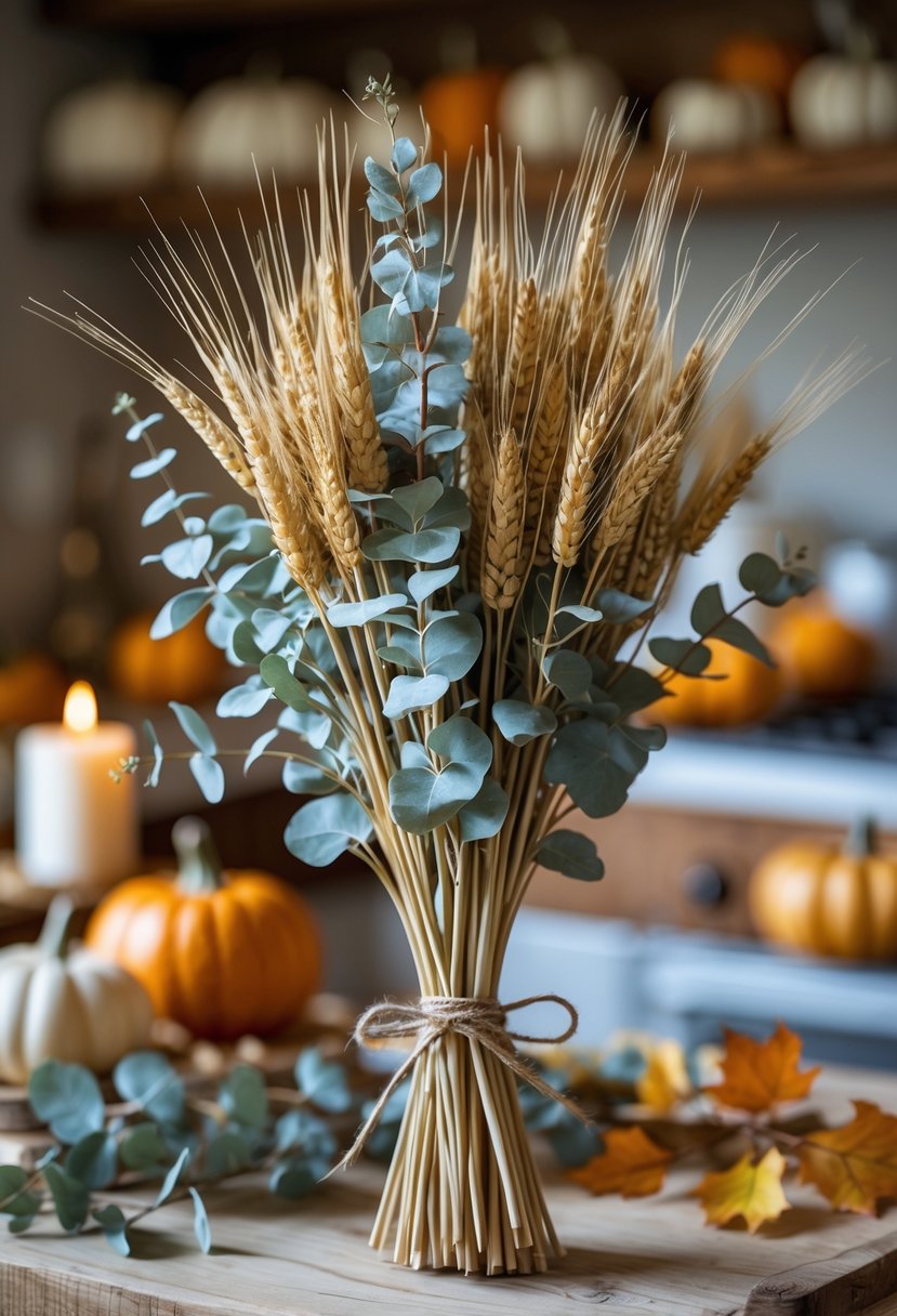 22 Cozy Kitchen Fall Decorations To Create A Warm Seasonal Atmosphere 6 A bundle of dried eucalyptus and wheat stalks tied with twine on a wooden kitchen surface with blurred fall decorations in the background.