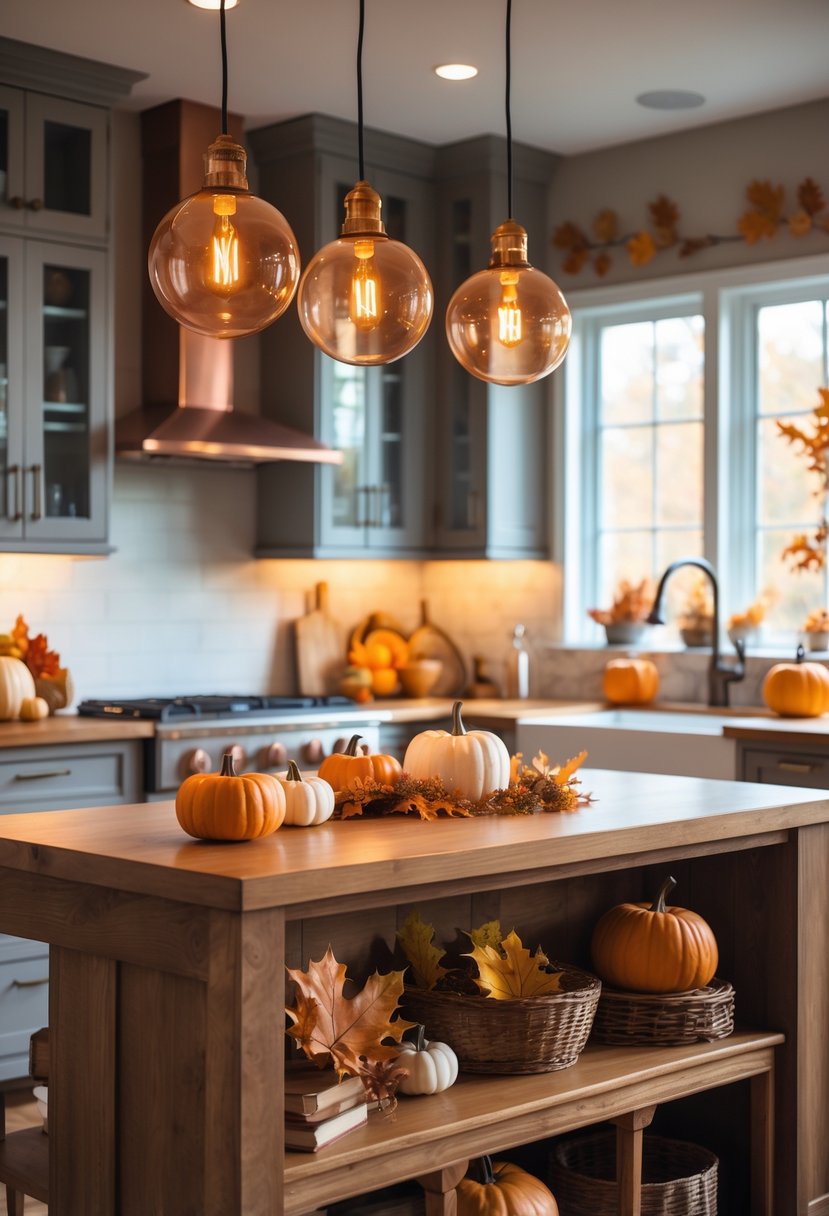 22 Cozy Kitchen Fall Decorations To Create A Warm Seasonal Atmosphere 7 A cozy kitchen with copper pendant lights and autumn decorations including pumpkins and dried leaves.