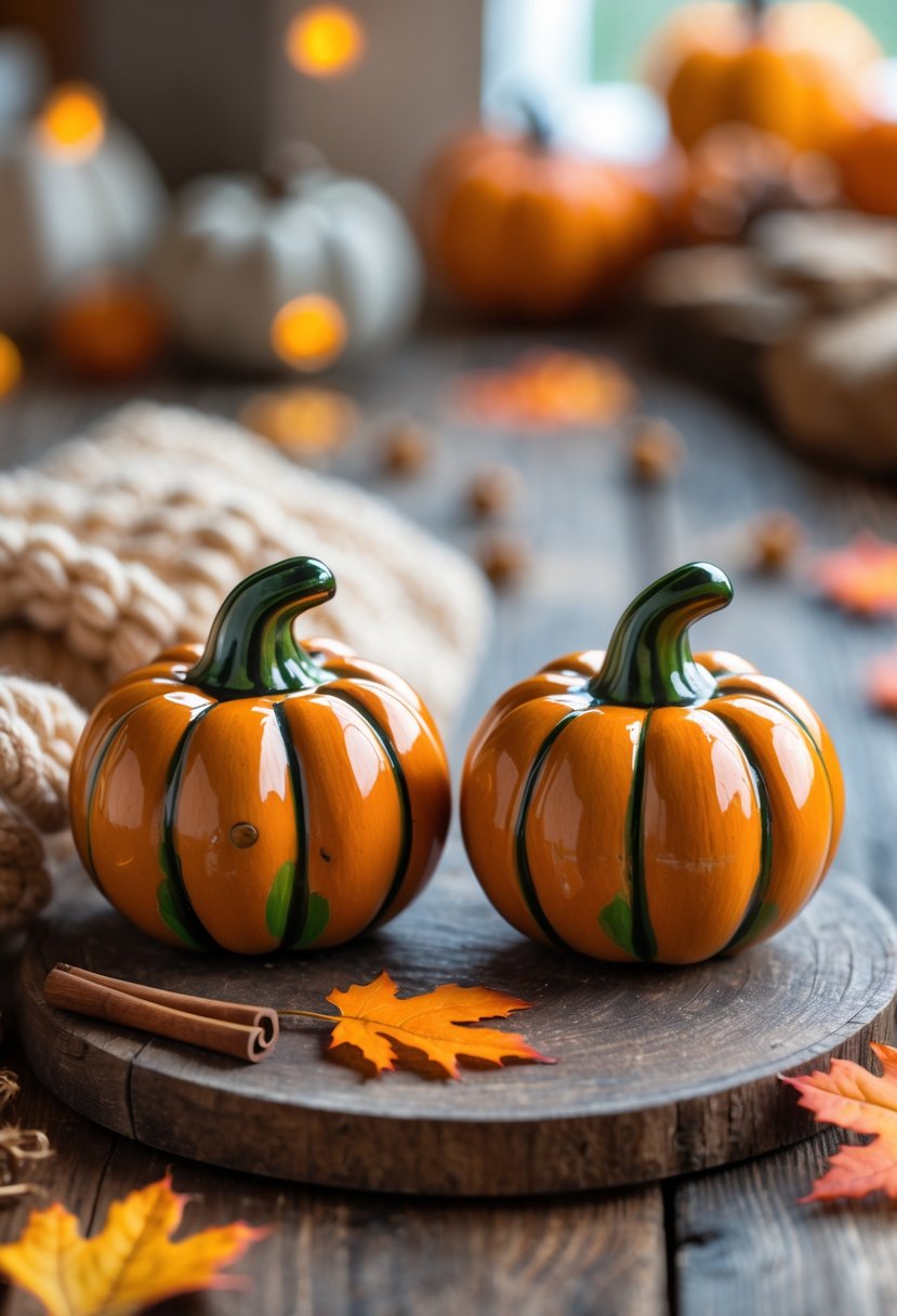 22 Cozy Kitchen Fall Decorations To Create A Warm Seasonal Atmosphere 8 Two hand-painted pumpkin salt and pepper shakers on a wooden table surrounded by fall decorations in a cozy kitchen.
