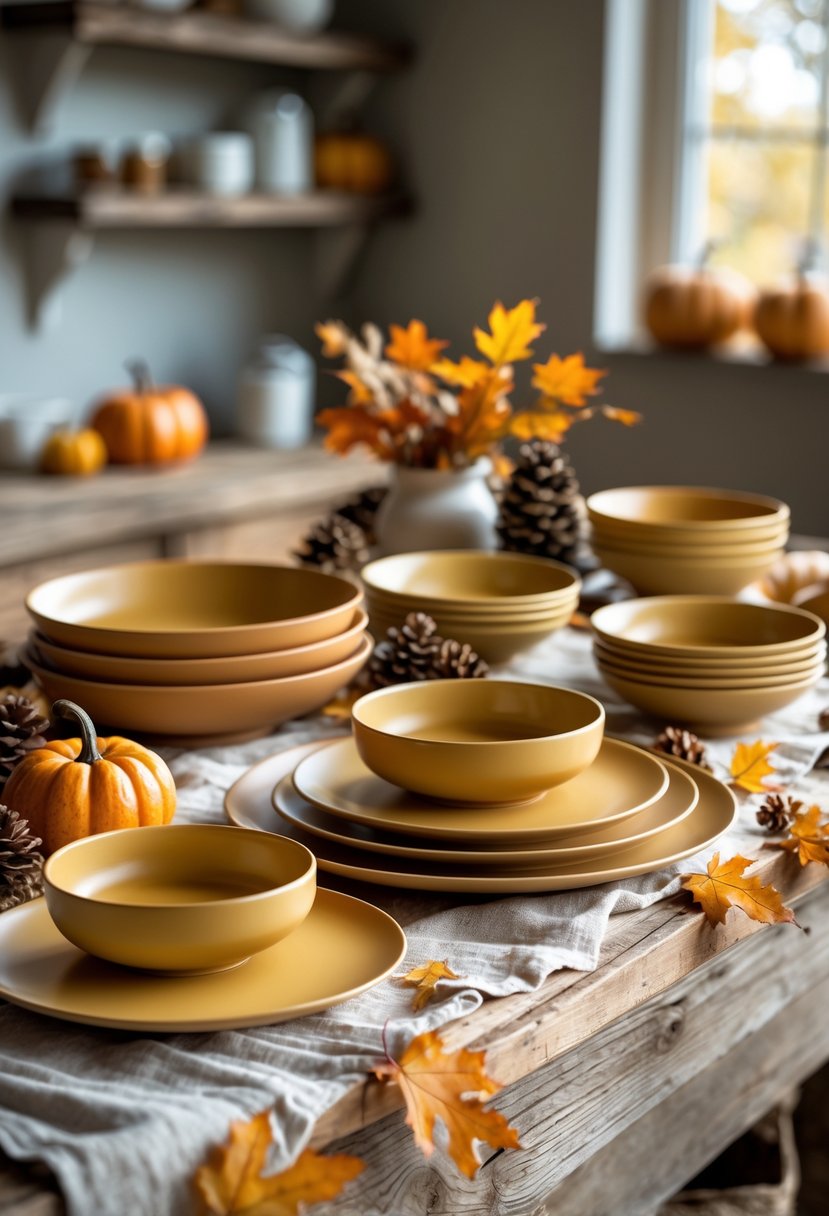 22 Cozy Kitchen Fall Decorations To Create A Warm Seasonal Atmosphere 9 A set of orange and mustard yellow dishes arranged on a wooden table with pumpkins and autumn decorations in a kitchen.