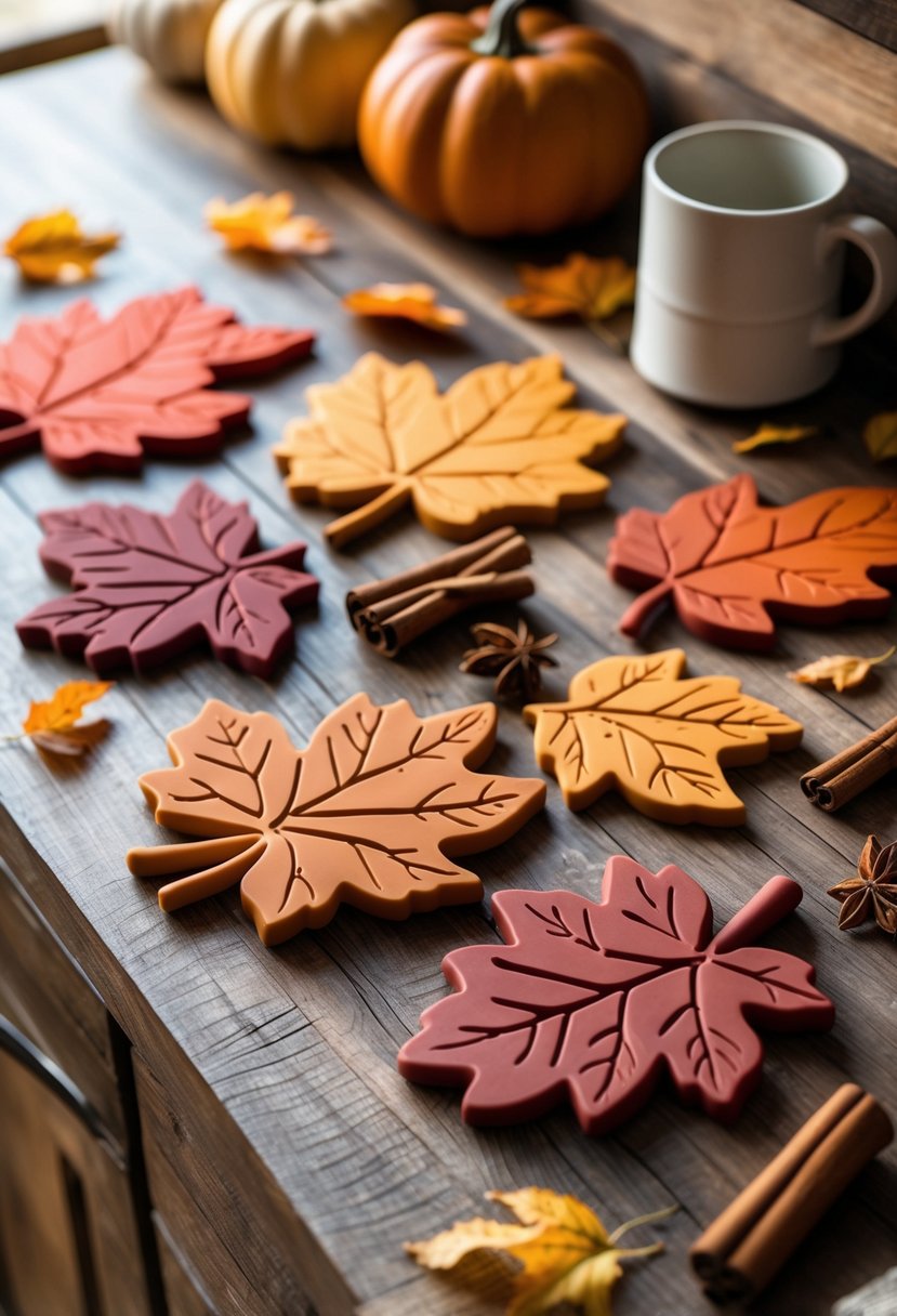 22 Cozy Kitchen Fall Decorations To Create A Warm Seasonal Atmosphere 10 A set of autumn leaf-shaped silicone trivets on a wooden kitchen countertop surrounded by fall-themed decorations.