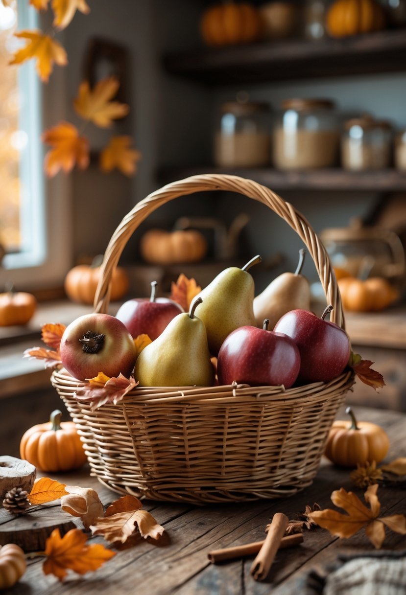 22 Cozy Kitchen Fall Decorations To Create A Warm Seasonal Atmosphere 11 Wicker basket filled with faux apples and pears on a wooden table surrounded by fall decorations in a kitchen setting.