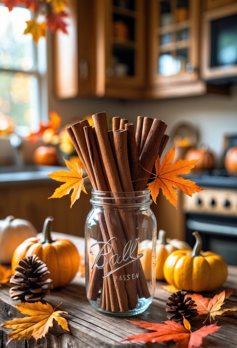 22 Cozy Kitchen Fall Decorations To Create A Warm Seasonal Atmosphere 12 Mason jar filled with cinnamon sticks arranged as a bouquet on a wooden table surrounded by fall decorations like pumpkins, pine cones, and autumn leaves.
