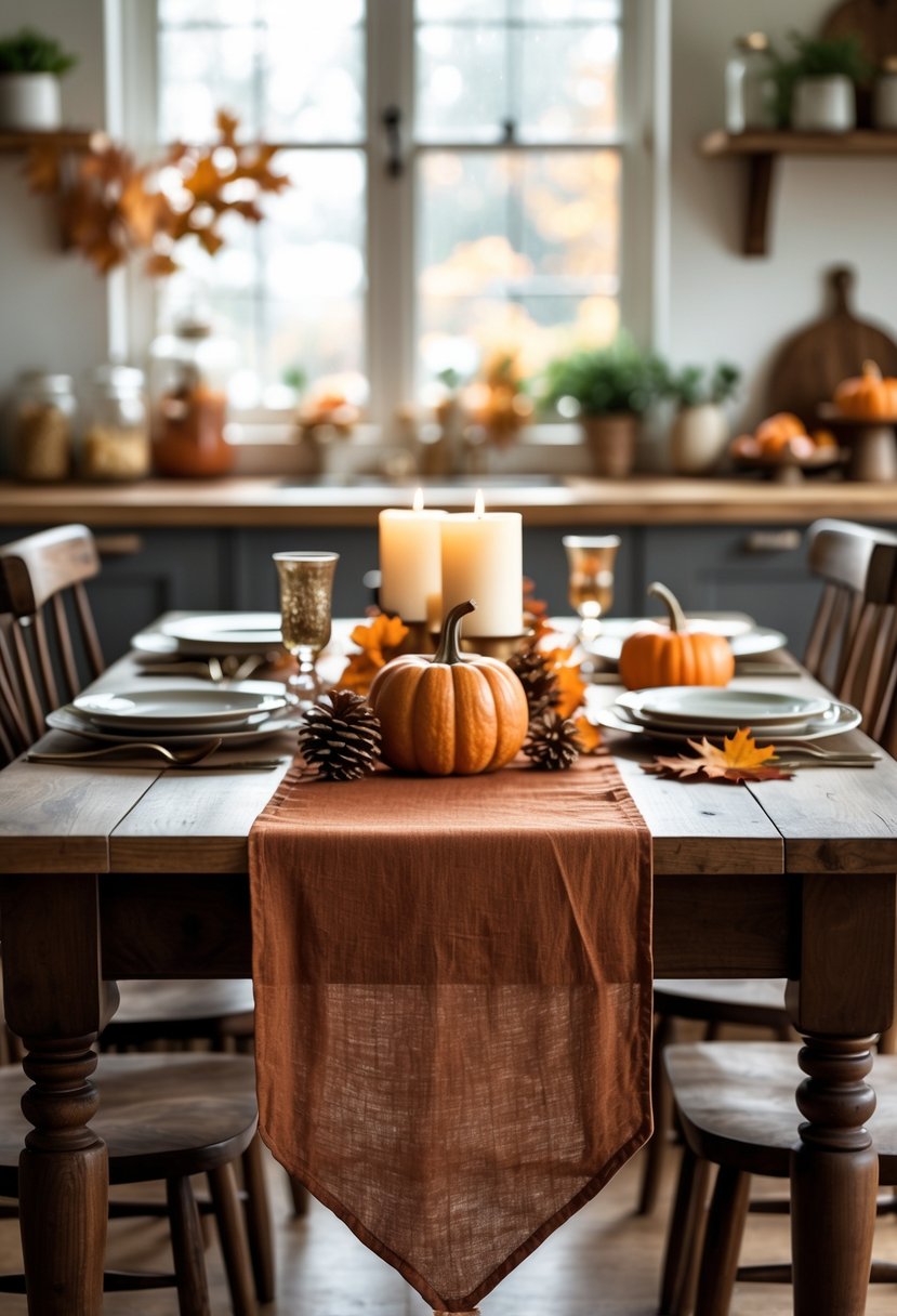 22 Cozy Kitchen Fall Decorations To Create A Warm Seasonal Atmosphere 13 A wooden dining table with a rust-colored linen table runner decorated with pumpkins, autumn leaves, pinecones, and candles in a cozy kitchen setting.