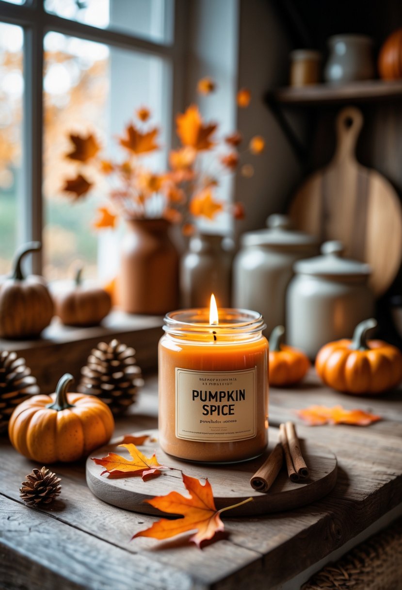 22 Cozy Kitchen Fall Decorations To Create A Warm Seasonal Atmosphere 14 A lit pumpkin spice candle on a wooden kitchen counter surrounded by pumpkins, autumn leaves, and cinnamon sticks.