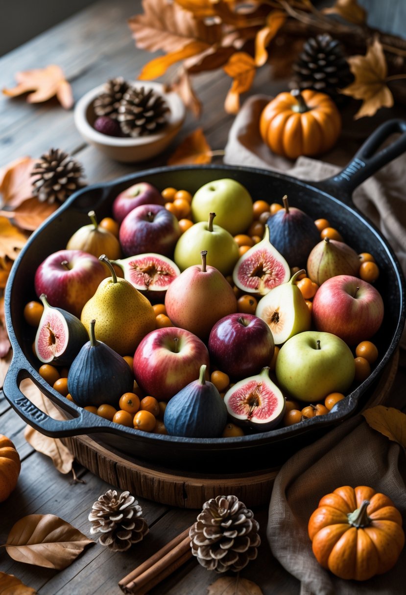 22 Cozy Kitchen Fall Decorations To Create A Warm Seasonal Atmosphere 15 Cast iron skillet on a wooden table filled with seasonal fruits and surrounded by autumn decorations.