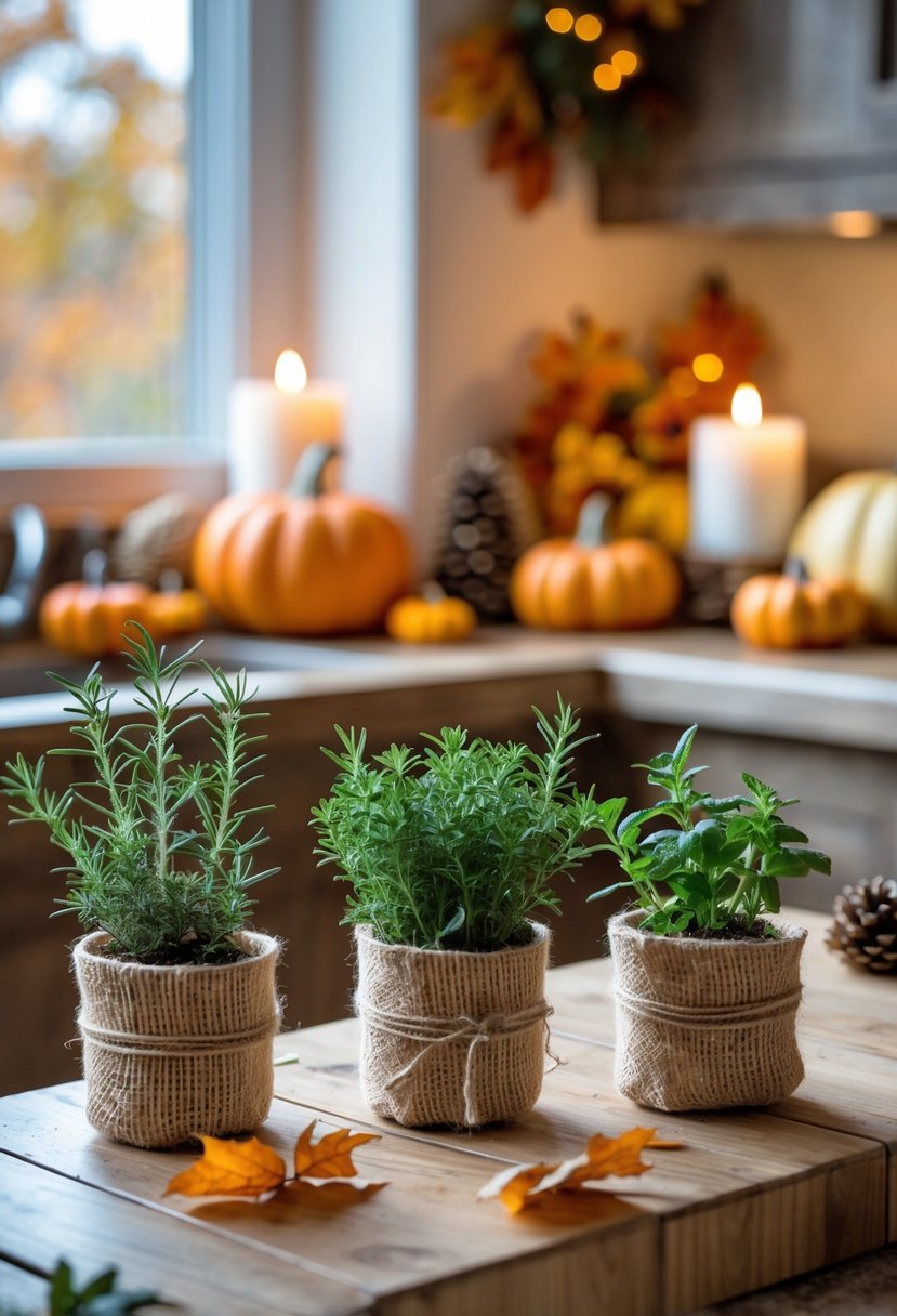 22 Cozy Kitchen Fall Decorations To Create A Warm Seasonal Atmosphere 16 A kitchen countertop with burlap-wrapped herb pots surrounded by fall decorations like pumpkins and autumn leaves.