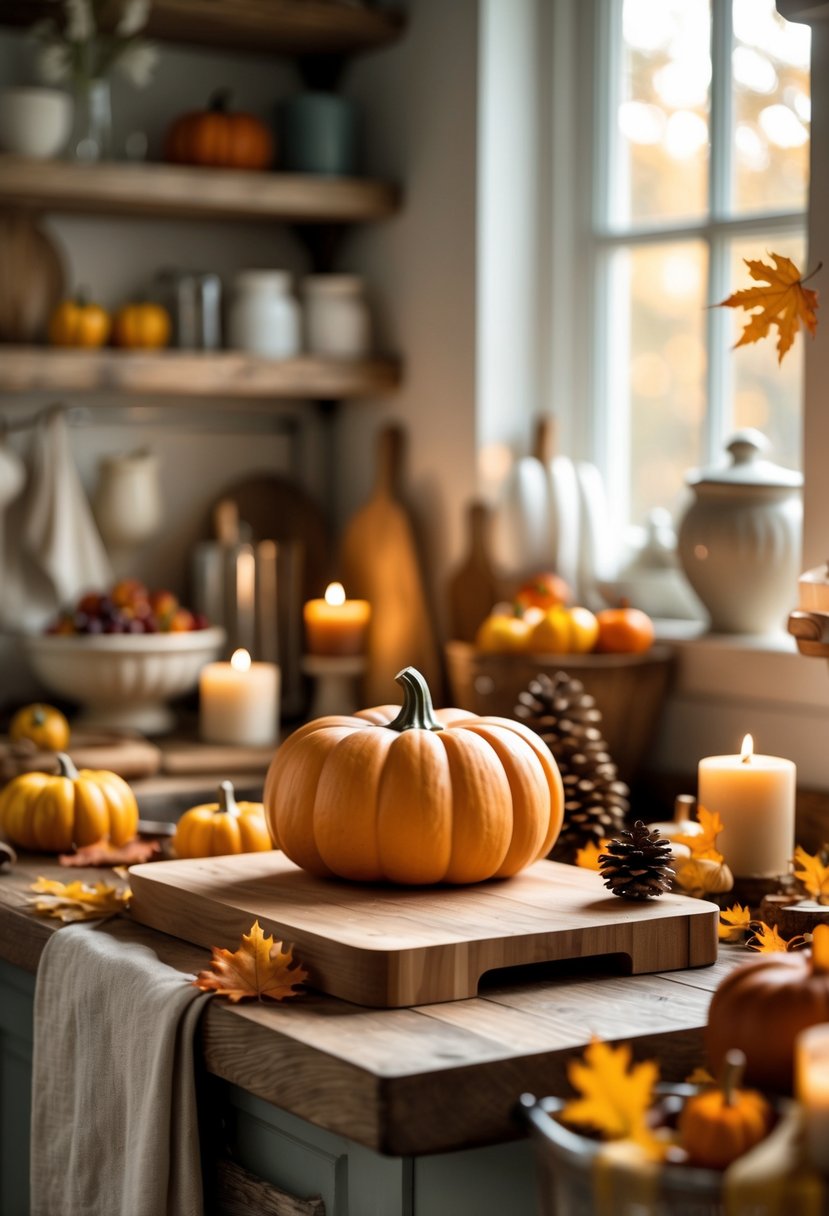 22 Cozy Kitchen Fall Decorations To Create A Warm Seasonal Atmosphere 17 A pumpkin-shaped wooden cutting board on a kitchen countertop surrounded by autumn decorations like small pumpkins, leaves, and candles.