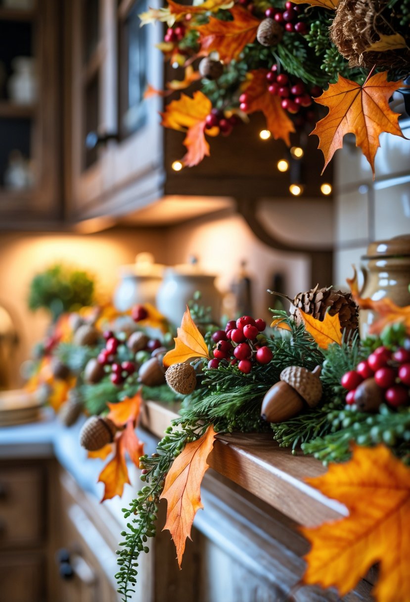 22 Cozy Kitchen Fall Decorations To Create A Warm Seasonal Atmosphere 18 A festive fall garland with acorns and red berries hanging in a cozy kitchen.
