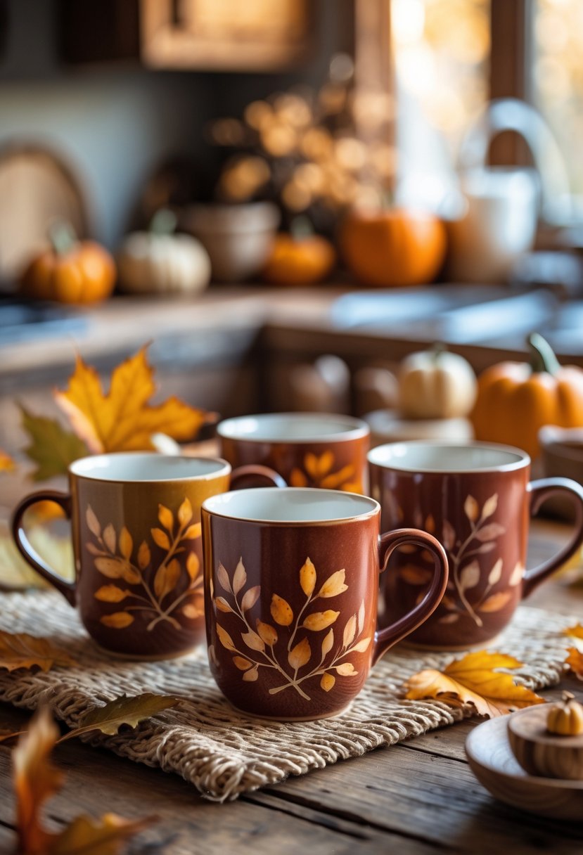 22 Cozy Kitchen Fall Decorations To Create A Warm Seasonal Atmosphere 19 Warm-toned ceramic mugs with leaf designs arranged on a wooden table surrounded by fall decorations in a kitchen.