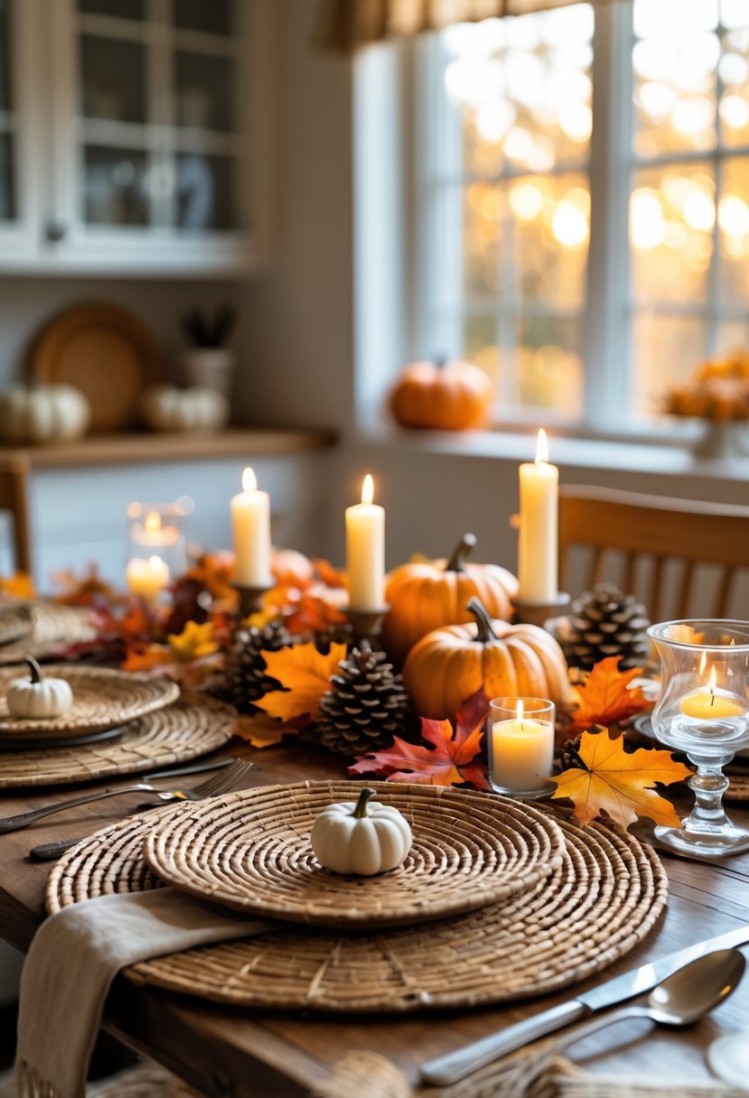 22 Cozy Kitchen Fall Decorations To Create A Warm Seasonal Atmosphere 20 A kitchen table with woven rattan placemats surrounded by fall decorations like pumpkins, leaves, pinecones, and candles.