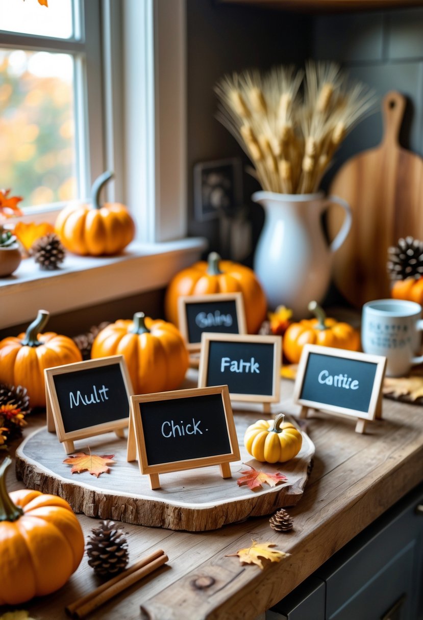 22 Cozy Kitchen Fall Decorations To Create A Warm Seasonal Atmosphere 21 Mini chalkboard signs displayed on a kitchen countertop with fall decorations like pumpkins, autumn leaves, and pine cones.